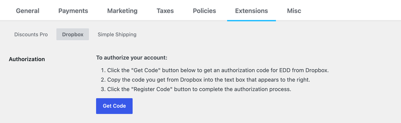 dropbox-file-store-settings-get-code – Easy Digital Downloads ダウンロード、設定、拡張機能のDropboxセクションにある「コードを取得」ボタン。