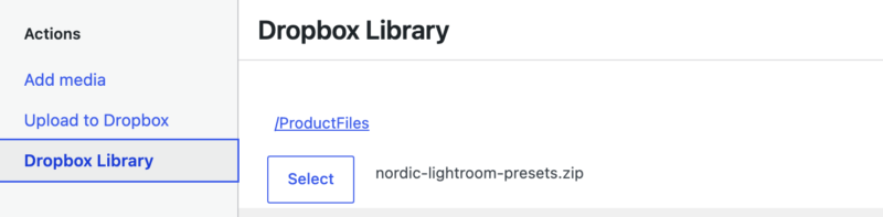 dropbox-library-browse – Easy Digital Downloads フォルダとファイルが表示され、「選択」ボタンがあるDropboxライブラリウィンドウ