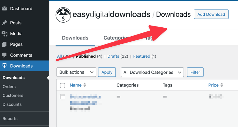 Creating products in Easy Digital Downloads by adding a download.