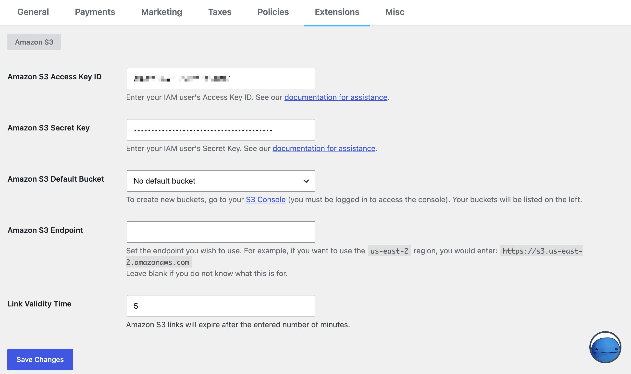 Easy Digital DownloadsでAmazon S3アカウント情報を入力するためのフォーム設定。