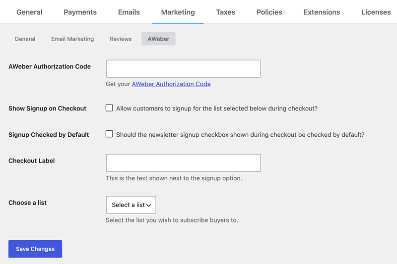 AWeber Easy Digital Downloads settings.