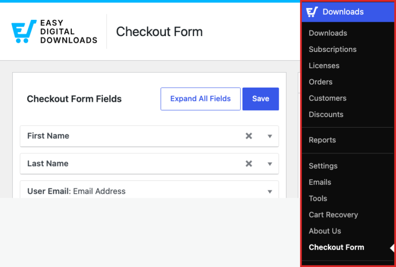 La voce di menu Checkout Form in Easy Digital Downloads.