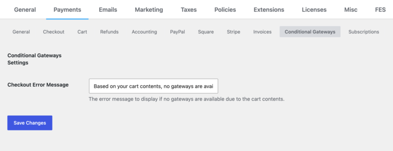 Easy Digital Downloads Conditional Gatewaysチェックアウトエラーメッセージ設定。