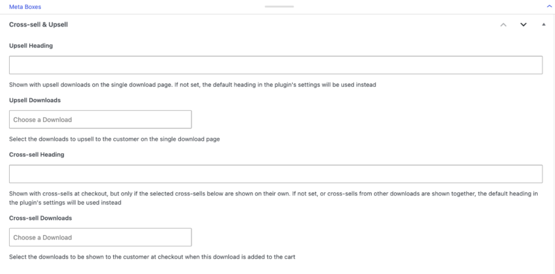 edd-cross-sell-upsell-download-individual-settings – Easy Digital Downloads Metabox de Venda Cruzada e Upsell na página de download do produto.