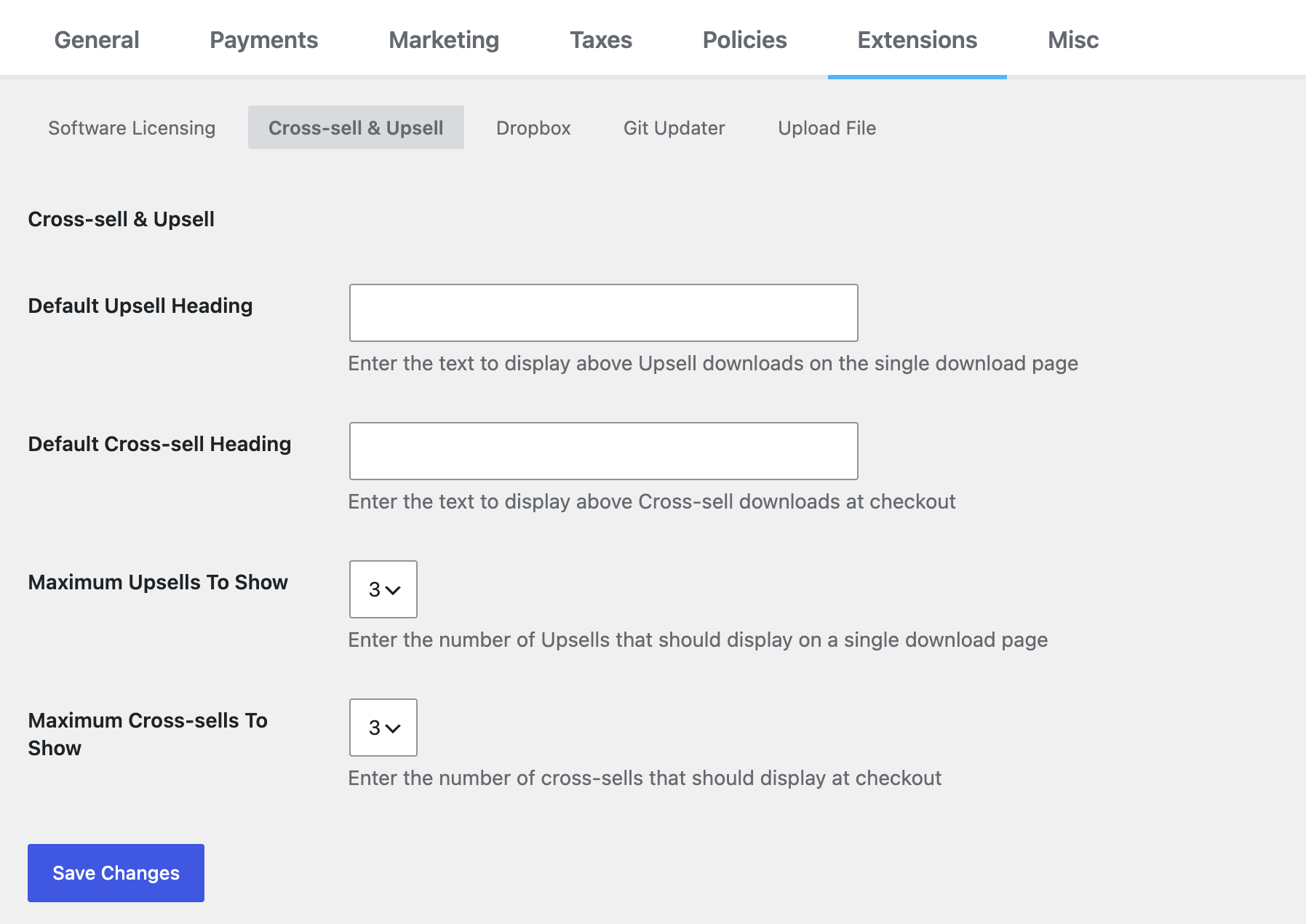 edd-cross-sells-upsells-settings – Easy Digital Downloads A tela de configurações do recurso de Vendas Cruzadas e Upsells do EDD.