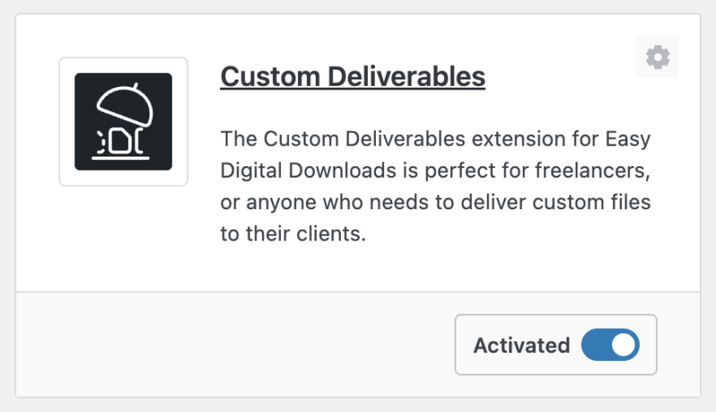 WordPress にインストールおよび有効化されている Easy Digital Downloads カスタム納品物機能。