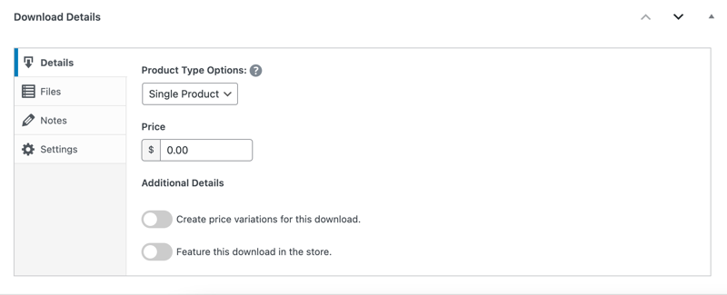 The Download Details settings for creating products in EDD.