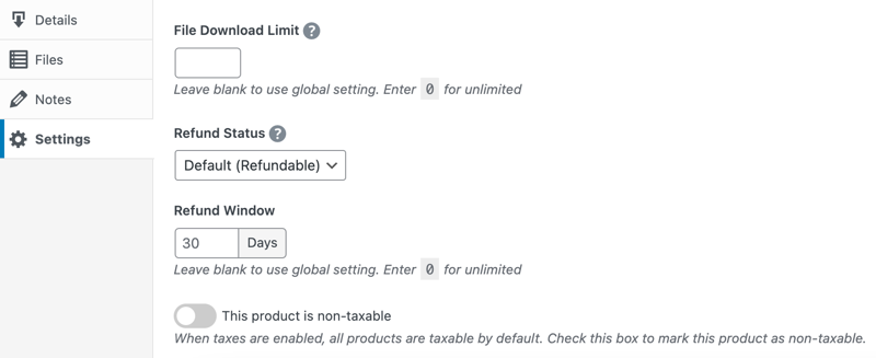 The Download Settings tab of the Details box in EDD.