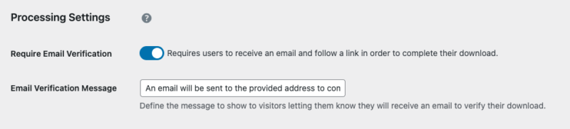 edd-free-downloads-processing-settings-email-verification – Easy Digital Downloads Configuración de procesamiento de Descargas Gratuitas de EDD para requerir verificación de correo electrónico.
