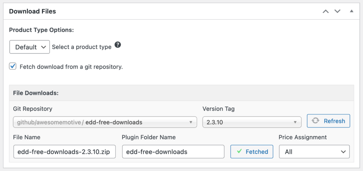 Screenshot: EDD download settings with git tags