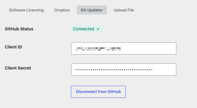 Estado de GitHub mostrado como Conectado en la configuraci	ilde;n de Git Updater de Easy Digital Downloads.