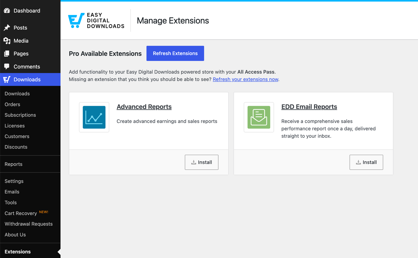Easy Digital Downloads Erweiterungen-Bildschirm mit der Option zur Installation der Funktion "Erweiterte Berichte".