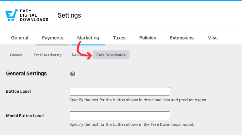 edd-marketing-settings-free-downloads – Easy Digital Downloads Pestaña Descargas Gratuitas en la configuración de Marketing de Easy Digital Downloads.