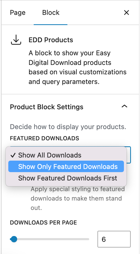 edd-products-featured-downloads-settings – Easy Digital Downloads The EDD Product Block Settings for adding featured downloads.