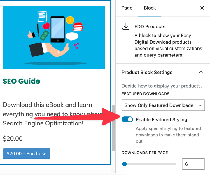 enable-featured-downloads-styling-edd-pro – Easy Digital Downloads Enable Featured Styling setting in Easy Digital Downloads' Products block.