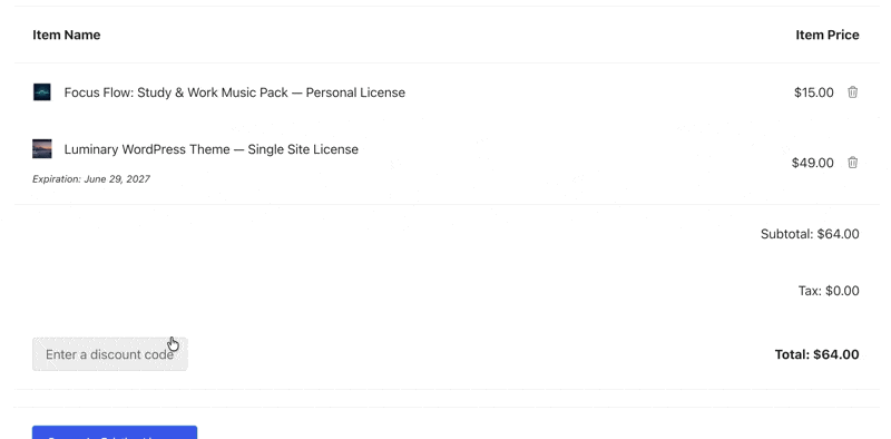 Ingresar un código de descuento al finalizar la compra en una tienda de Easy Digital Downloads.