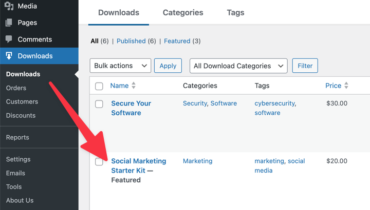 featured-downloads-easy-digital-downloads – Easy Digital Downloads The Downloads list in Easy Digital Downloads showing a Featured product.