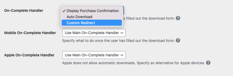 free-downloads-redirect-settings – Easy Digital Downloads Configuración de redirección del manejador On-Complete de Descargas Gratuitas.