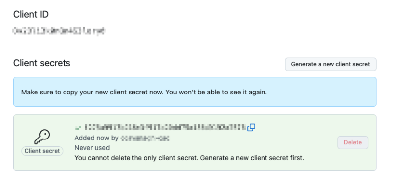 Valores del ID de cliente y secreto de cliente de GitHub.