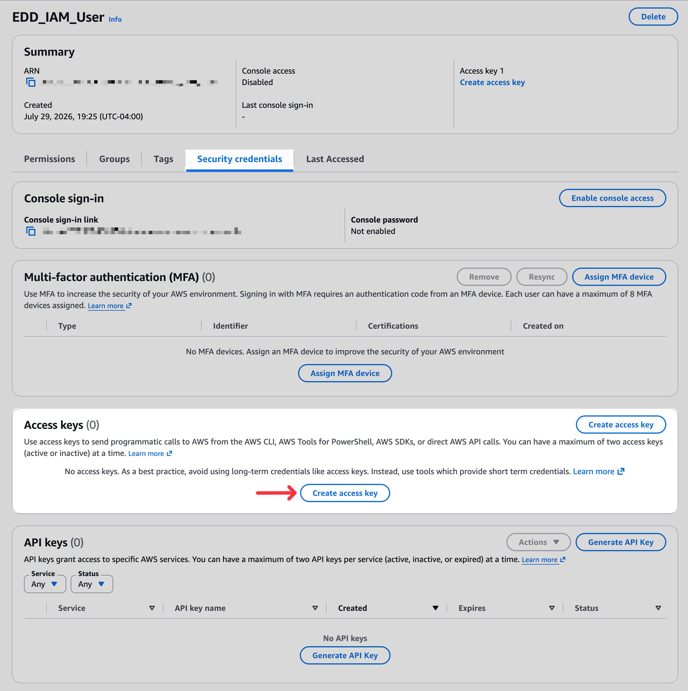 Amazon S3の設定のセキュリティ認証情報の下にあるアクセスキーの作成ボタン。