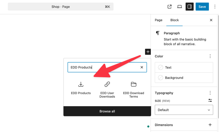 insert-edd-products-block-wordpress – Easy Digital Downloads Inserting the EDD Products block in WordPress.