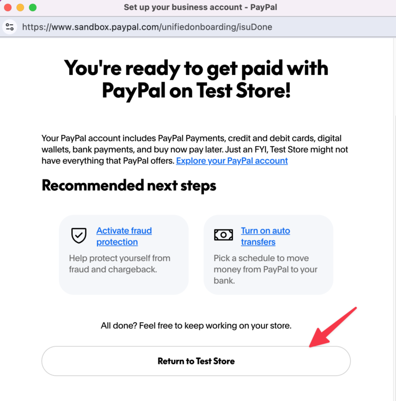 PayPal-Sandbox-Modus verbunden und bereit, zum Testshop zurückzukehren.
