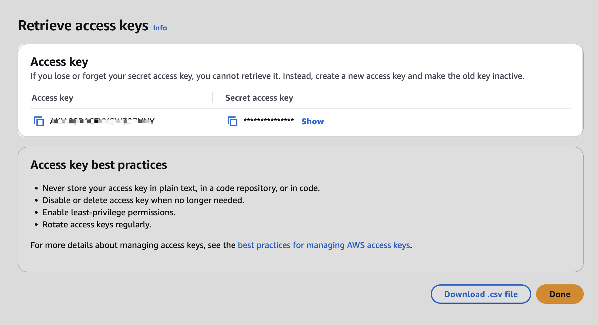 アクセスキーを取得するために、Amazon S3のIAMユーザー向けの画面。