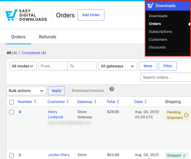 étape_13_commandes_nav – Easy Digital Downloads Écran des commandes de livraison dans Easy Digital Downloads.