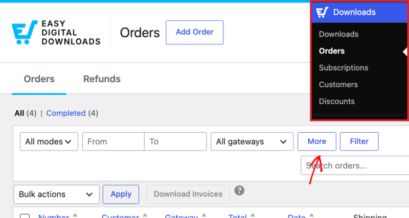 étape_20_filtres_commandes_plus – Easy Digital Downloads Écran des commandes Easy Digital Downloads avec filtres.