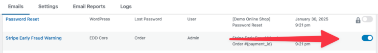 Enabling the Stripe Early Fraud Warning email in Easy Digital Downloads settings.