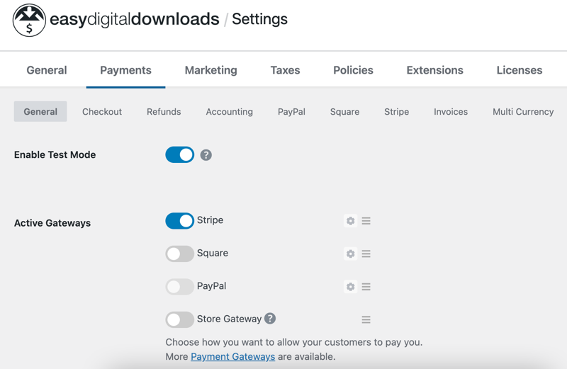 Enabling Stripe payment gateway in EDD settings.