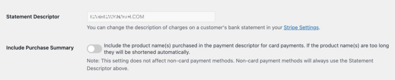The Statement Descriptor and Include Purchase Summary settings in Easy Digital Downlaods Stripe setup.
