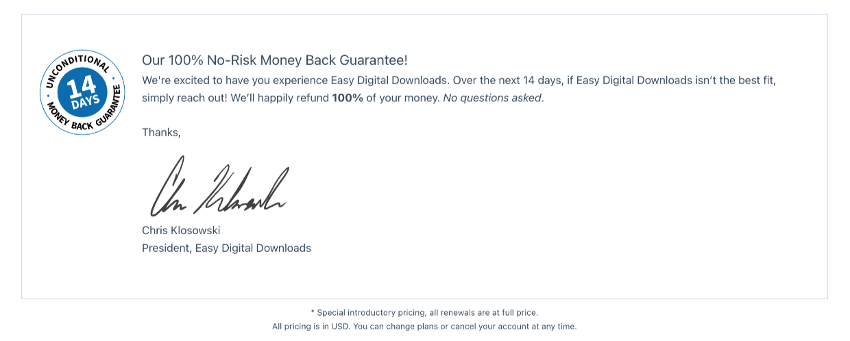 Screenshot: Refunds for digital products; 14 Days No-Risk Money Back Guarantee display