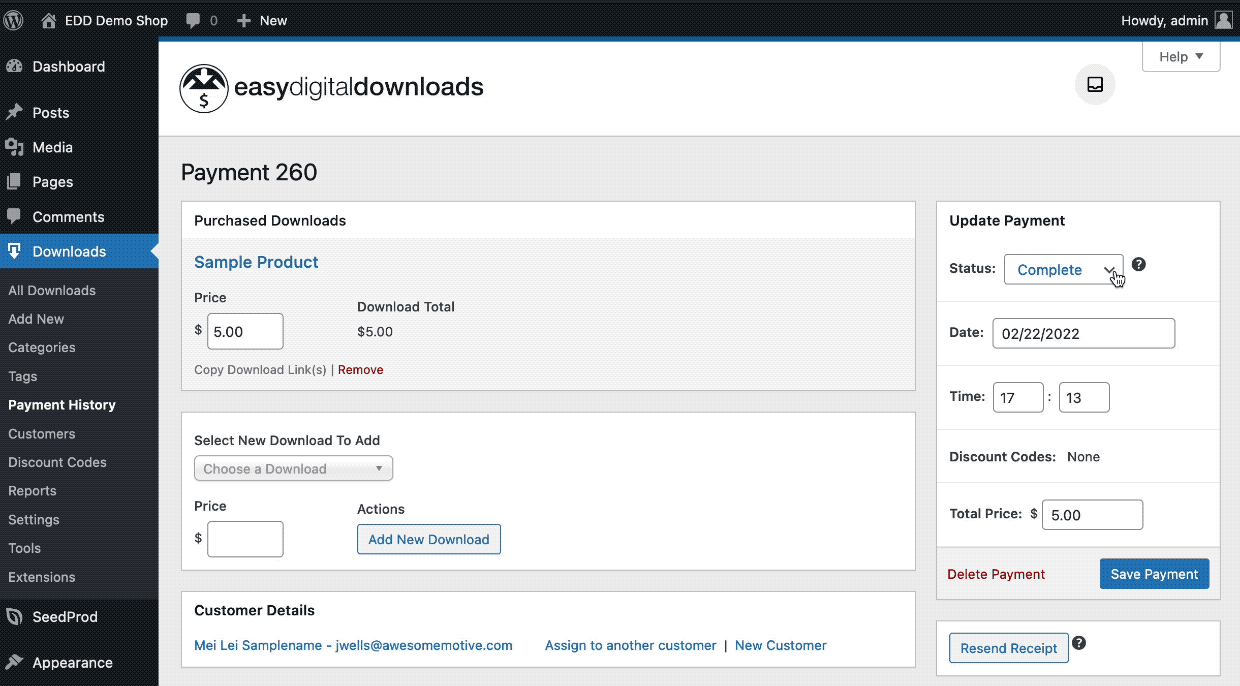 frame – Easy Digital Downloads Animated Screenshot: Processing a refund for digital products with EDD