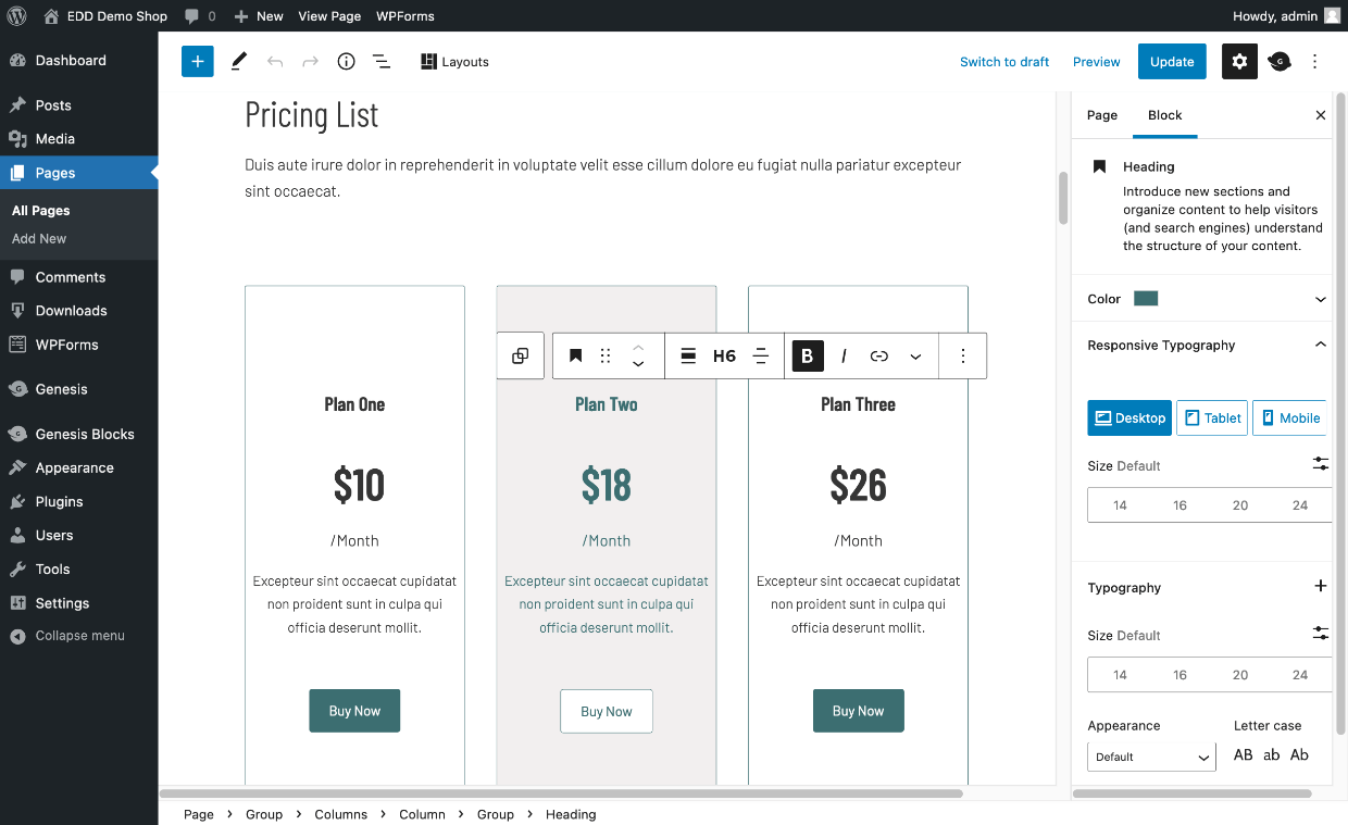 Screenshot: Pricing List feature on Karma Digital
