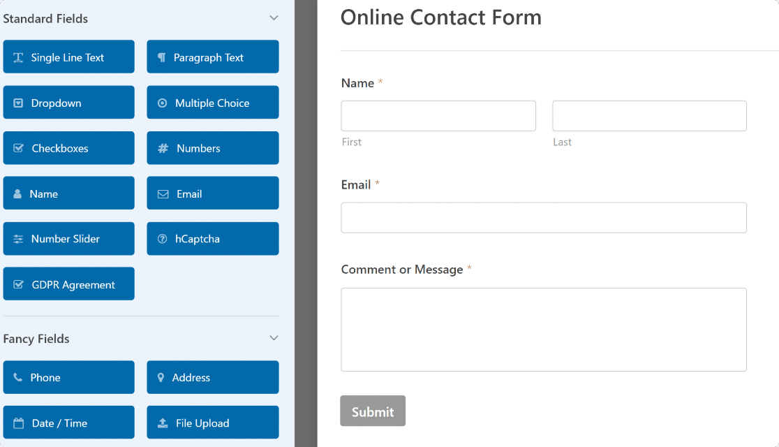 Screenshot: Add a form to your store with WPForms feature: drag and drop builder