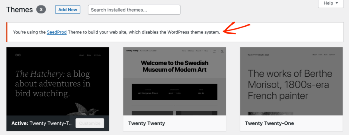 Screenshot: Alert - disabled WordPress theme system