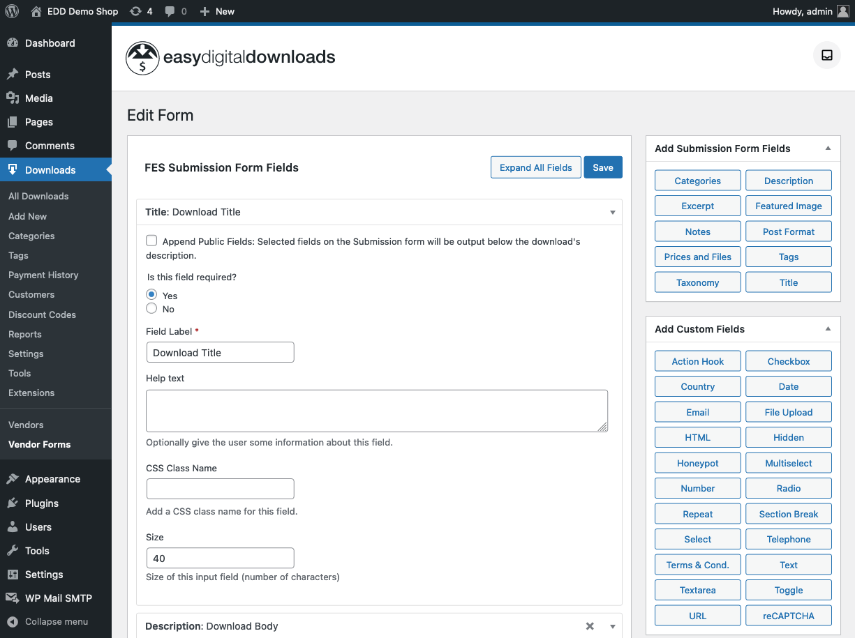 Screenshot: Use Frontend Submissions to make a marketplace - Vendor form editor