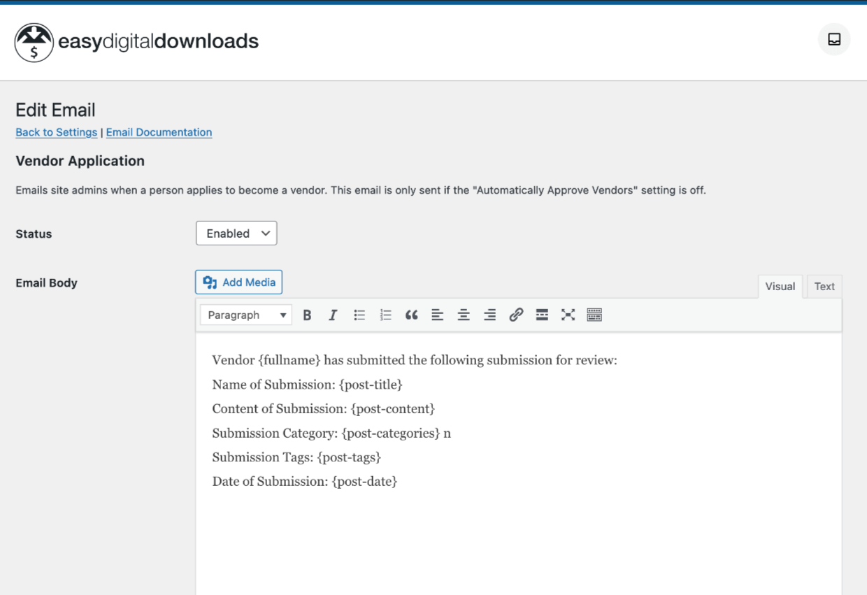 Screenshot: Use Frontend Submissions to make a marketplace - Email editor
