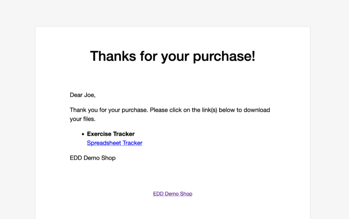 Screenshot: Selling Digital Downloads - EDD Purchase confirmation email