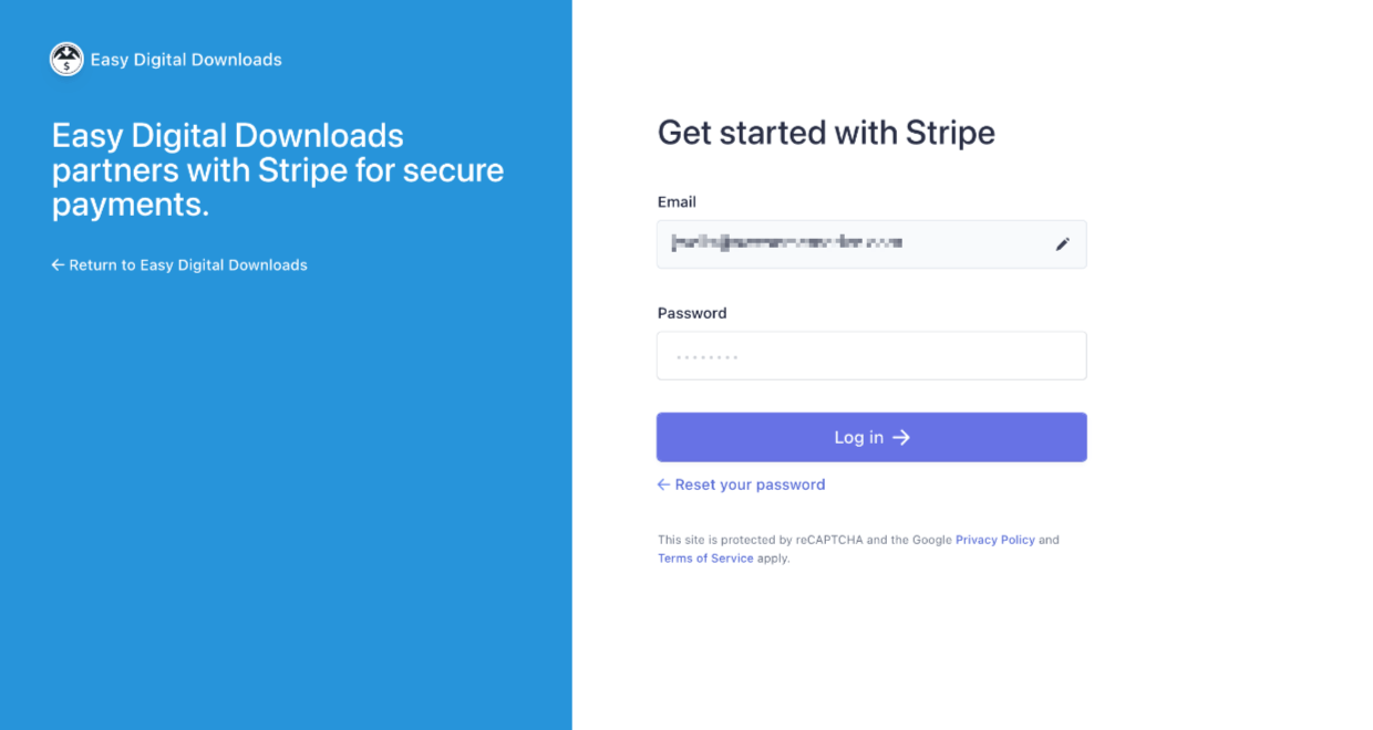 Screenshot: Stripe Connect get started log in