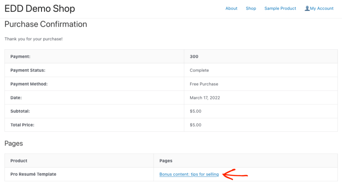Screenshot: Selling streaming video and audio purchase confirmation page