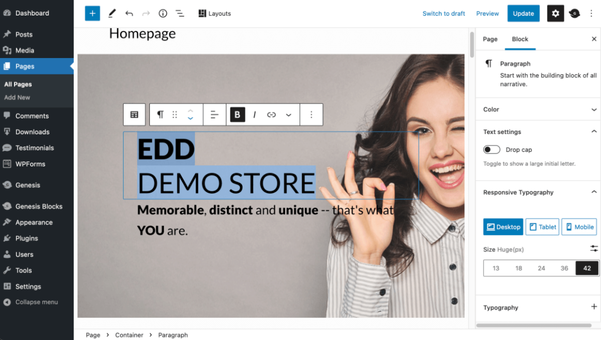Screenshot: Editing brandiD Hello Commerce homepage template