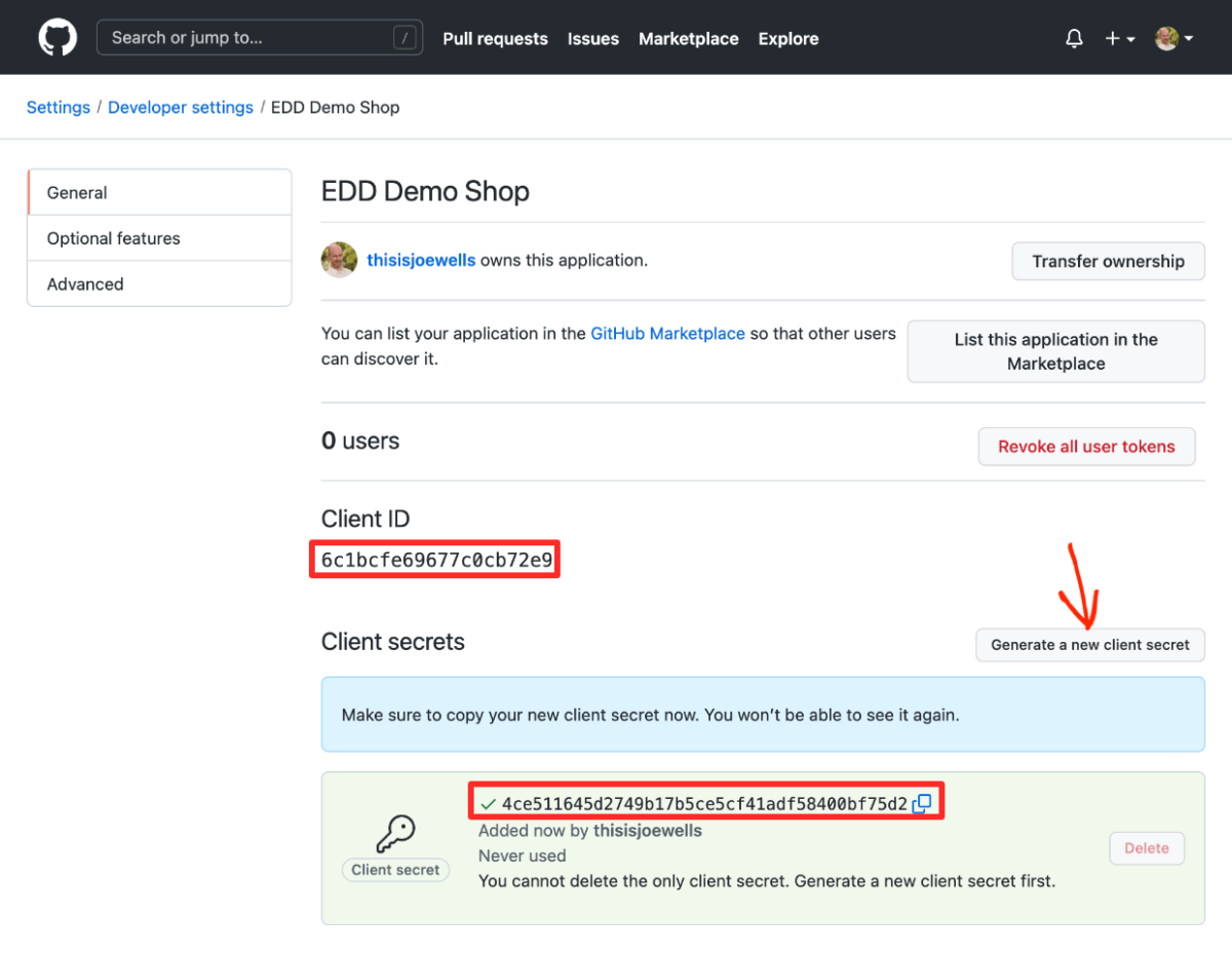 Screenshot: GitHub settings get client ID and Client secrets