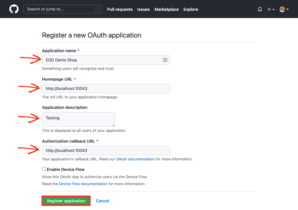 Screenshot: GitHub settings register a new OAuth app