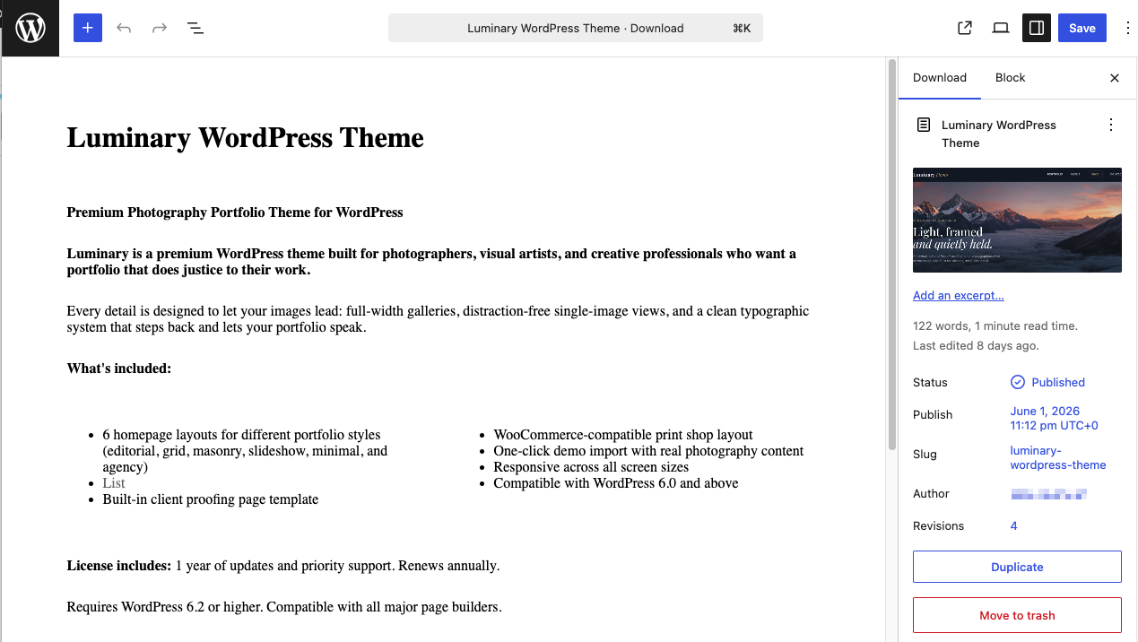 Captura de pantalla de la página de descripción del tema Luminary WordPress en el editor, que muestra un título grande, párrafos descriptivos y una lista de características con viñetas con un panel de información del tema en el lado derecho.