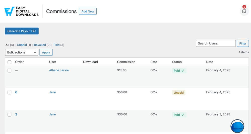 The Commissions payout dashboard in Easy Digital Downloads. 