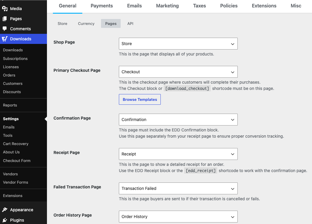 easy-digital-downloads-page-assignments – Easy Digital Downloads プラグイン設定のEDDブロックを使用したEasy Digital Downloadsのページ割り当て。