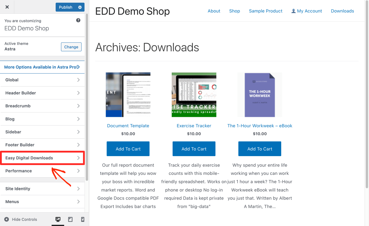 Screenshot: Astra theme Easy Digital Downloads Controls
