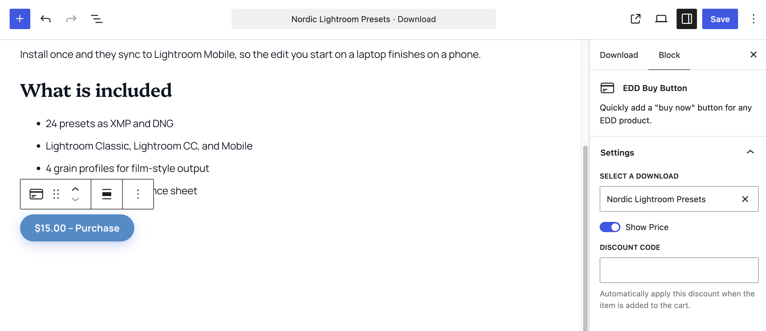 edd-buy-button-block-settings – Easy Digital Downloads 購入ボタンブロックのEDDブロック設定。